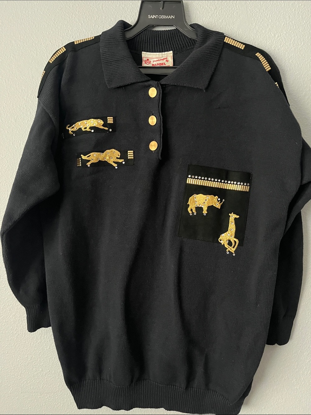 Vintage Thick Knit Mardel Sweater African Animal Embroidery Black and Gold